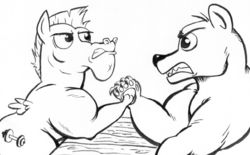 Size: 1088x676 | Tagged: safe, artist:ambrosebuttercrust, bulk biceps, bear, g4, monochrome