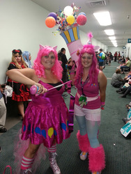 Size: 1224x1632 | Tagged: artist needed, safe, pinkie pie, human, g4, balloon, convention, cosplay, hilarious in hindsight, irl, irl human, party bazooka, photo