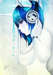 Size: 761x1080 | Tagged: safe, artist:rayzor-sharp, dj pon-3, vinyl scratch, human, g4, eared humanization, female, headphones, horn, horned humanization, humanized, solo