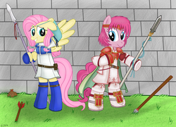 Size: 1635x1177 | Tagged: safe, artist:theculturewarrior, fluttershy, pinkie pie, g4, arrow, cosplay, crossover, dressup, fire emblem, fire emblem: path of radiance, fire emblem: radiant dawn, fire emblem: the blazing blade, florina (fire emblem), lance, marcia, pegasus knights