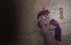 Size: 792x504 | Tagged: safe, artist:haxthewolf, twilight sparkle, alicorn, pony, g4, amnesia: the dark descent, crossover, dark, female, lamp, mare, solo, twilight sparkle (alicorn)