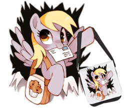 Size: 688x602 | Tagged: safe, artist:suikuzu, derpy hooves, pegasus, pony, g4, bag, cute, derpabetes, female, fourth wall, letter, mail, mare, messenger bag, mouth hold, muffin, solo