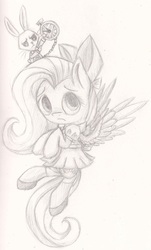 Size: 1205x1999 | Tagged: safe, artist:suplolnope, angel bunny, fluttershy, g4, alice in wonderland, clothes, crossover, cute, dress, monochrome, ribbon, shoes, sketch, socks, waistcoat, watch