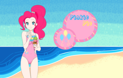 Size: 1644x1052 | Tagged: safe, artist:mattmankoga, pinkie pie, human, g4, anime, base used, beach, clothes, cute, diapinkes, female, humanized, ice cream, looking at you, peace sign, solo, swimsuit