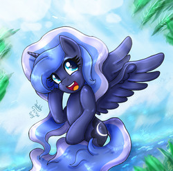 Size: 3762x3716 | Tagged: safe, artist:joakaha, princess luna, pony, g4, bipedal, cute, female, filly, happy, open mouth, smiling, solo, spread wings, water, woona, younger