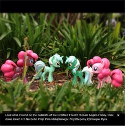 Size: 611x613 | Tagged: safe, lyra heartstrings, pinkie pie, g4, figure, funko, grass, hot topic, irl, photo, text, toy