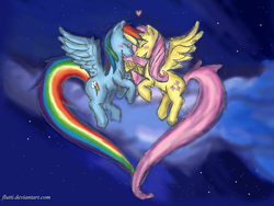 Size: 4320x3240 | Tagged: safe, artist:flutti, fluttershy, rainbow dash, g4, female, flying, heart, lesbian, night, ship:flutterdash, shipping