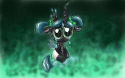 Size: 1200x750 | Tagged: safe, artist:tigersiil, queen chrysalis, changeling, changeling queen, nymph, g4, baby, bow, crown, crying, cute, cutealis, diaper, female, filly, filly queen chrysalis, foal, hair bow, jewelry, pigtails, regalia, sad, sadorable, solo, tail bow, younger