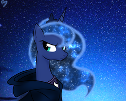 Size: 1500x1200 | Tagged: safe, artist:blackbasscry, edit, princess luna, alicorn, pony, g4, bust, clothes, crown, ethereal mane, female, frown, galaxy mane, hood, hoodie, horn, jewelry, mare, necklace, regalia, sky, solo, stars