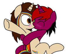 Size: 780x580 | Tagged: safe, artist:krust78, oc, oc only, kissing, rainbow hair, shipping, simple background, white background