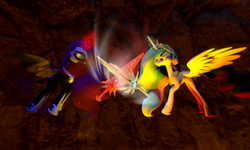 Size: 1280x768 | Tagged: safe, artist:drgamer7065, nightmare moon, princess celestia, g4, 3d, gmod, soul calibur, soul edge