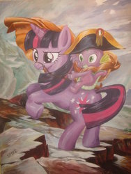 Size: 774x1032 | Tagged: safe, artist:recycledrapunzel, spike, twilight sparkle, dragon, pony, g4, bridle, classic art, cloak, clothes, dragons riding ponies, featured image, female, fine art parody, frown, hat, male, napoleon, napoleon bonaparte, napoleon crossing the alps, parody, raised eyebrow, rearing, reins, riding, saddle, smiling, spike riding twilight, traditional art, unamused