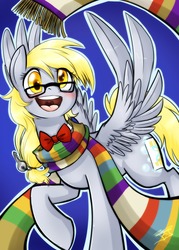Size: 1280x1792 | Tagged: safe, artist:jitterbugjive, derpy hooves, pegasus, pony, lovestruck derpy, g4, blushing, bow, bowtie, clothes, cute, derpabetes, doctor derpy, doctor who, female, fourth doctor's scarf, glasses, happy, implied doctor whooves, key, mare, scarf, solo, striped scarf, the derptor