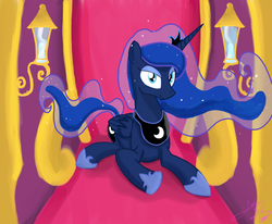 Size: 3400x2800 | Tagged: safe, artist:seiki5x, princess luna, alicorn, pony, g4, cute, female, looking at you, lying down, mare, prone, solo, throne