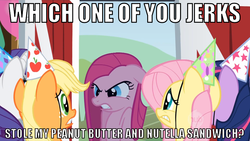 Size: 844x475 | Tagged: safe, edit, edited screencap, screencap, applejack, fluttershy, pinkie pie, rarity, twilight sparkle, g4, party of one, angry, caption, image macro, justifiably mad, pinkamena diane pie