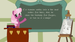 Size: 900x506 | Tagged: safe, cheerilee, sweetie belle, g4, chalkboard, ponyville schoolhouse, question