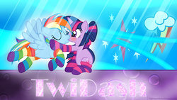 Size: 1920x1080 | Tagged: safe, artist:nightmaremoons, rainbow dash, twilight sparkle, g4, blushing, clothes, female, kissing, lesbian, ship:twidash, shipping, socks, wallpaper