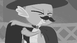 Size: 500x281 | Tagged: safe, edit, edited screencap, screencap, spike, dragon, g4, owl's well that ends well, animated, black and white, cape, clothes, dan backslide, dastardly spike, evil laugh, grayscale, hat, image macro, laughing, male, monochrome, moustache, solo, spikely whiplash, the dover boys, top hat