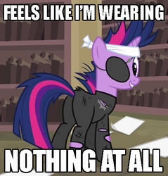 Size: 451x471 | Tagged: safe, edit, edited screencap, screencap, twilight sparkle, pony, unicorn, g4, it's about time, butt, eyepatch, feels like i'm wearing nothing at all, female, future twilight, image macro, mare, plot, solid sparkle, solo, spandex, the simpsons