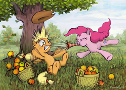 Size: 1024x733 | Tagged: safe, artist:cannibalus, applejack, pinkie pie, earth pony, pony, g4, apple, applejack's hat, basket, cowboy hat, eyes closed, flailing, gritted teeth, hat, jumping, orchard, party horn, prank, startled, teeth, tree, waking up