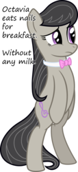 Size: 875x1920 | Tagged: safe, octavia melody, earth pony, pony, g4, bipedal, bowtie, breakfast, cutie mark, female, glorious cello princess, hooves, insane pony thread, mare, milk, nails, no weenies allowed, simple background, solo, spongebob squarepants, text, transparent background, tumblr, vector