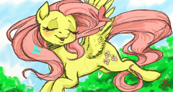Size: 1024x546 | Tagged: safe, artist:trazodoned, fluttershy, g4, eyes closed, female, flying, solo, windswept mane
