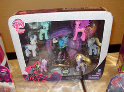 Size: 720x536 | Tagged: safe, derpy hooves, diamond tiara, lyra heartstrings, lyrica lilac, princess cadance, queen chrysalis, shining armor, pegasus, pony, 2013 my little pony fair, my little pony fair, g4, official, brushable, diamond dazzle tiara, favorite collection, female, hasbro, heartstrings, irl, mare, multilingual packaging, photo, toy, toys r us
