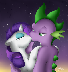 Size: 1024x1075 | Tagged: safe, artist:bakameganekko, rarity, spike, dragon, pony, unicorn, g4, duo, female, kiss on the lips, kissing, making out, male, mare, older, older spike, ship:sparity, shipping, straight