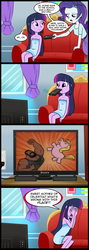 Size: 713x2000 | Tagged: safe, artist:madmax, edit, rarity, twilight sparkle, human, pig pony, equestria girls, g4, action hank, comic, dexter's laboratory, mother of celestia, mouth hold, naked towel, pony (sony), remote control, television, towel, what's wrong with this place