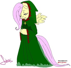 Size: 730x694 | Tagged: safe, artist:blazedasher, fluttershy, anthro, g4, clothes, dress, female, hood, solo