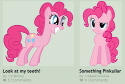 Size: 386x258 | Tagged: safe, pinkie pie, g4, deviantart, exploitable meme, grin, juxtaposition, juxtaposition win, meme, meta