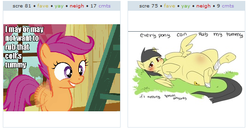 Size: 535x277 | Tagged: safe, scootaloo, oc, oc:banana scent, pegasus, pony, derpibooru, g4, bellyrubs, chubby, dialogue, exploitable meme, fat, female, filly, juxtaposition, juxtaposition win, meme, meta