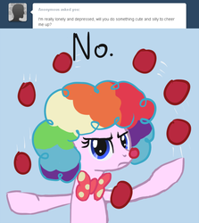 Size: 700x784 | Tagged: safe, artist:arrkhal, oc, oc only, oc:heartcall, earth pony, pony, ask, ball, blog, clown nose, clown wig, female, juggling, mare, red nose, solo, tumblr