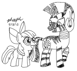 Size: 653x600 | Tagged: safe, artist:pheeph, apple bloom, zecora, zebra, g4, monochrome