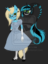 Size: 400x533 | Tagged: safe, artist:midnight-estelle, oc, oc only, oc:cheshire grin, unicorn, anthro, clothes, dress, glasses