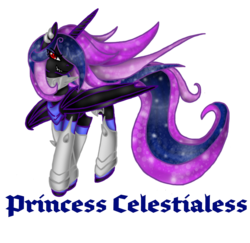 Size: 1748x1697 | Tagged: safe, artist:nekomellow, oc, oc only, oc:princess celestialess, alicorn, black hole pony, pony, alicorn oc, black hole, concave belly, large wings, leg armor, long mane, long tail, ponified, slender, solo, tail, thin, three quarter view, turned head, wings