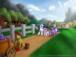 Size: 2000x1500 | Tagged: safe, artist:paladin-drakkenwolf, derpy hooves, rarity, sweetie belle, twilight sparkle, oc, pony, unicorn, g4, canterlot, cart, commission, equestria, magic, ponyville, scenery