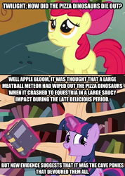 Size: 480x673 | Tagged: safe, apple bloom, twilight sparkle, g4, book, image macro, pun