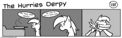 Size: 1280x404 | Tagged: safe, artist:tetrapony, derpy hooves, pegasus, pony, comic:the daily derp, g4, comic, female, mare, monochrome, the hurries derpy