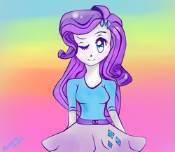 Size: 750x650 | Tagged: safe, artist:rainbowyponies, rarity, equestria girls, g4, female, gradient background, looking at you, rainbow background, solo, wink