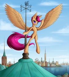 Size: 1024x1137 | Tagged: safe, artist:asimos, scootaloo, g4, city, female, older, scootaloo can fly, solo, weather vane