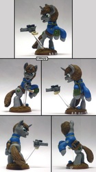 Size: 874x1559 | Tagged: safe, artist:ubrosis, oc, oc only, oc:littlepip, pony, unicorn, fallout equestria, clothes, fanfic, female, gun, handgun, horn, jumpsuit, little macintosh, mare, model, pipbuck, pistol, revolver, sculpture, vault suit, weapon