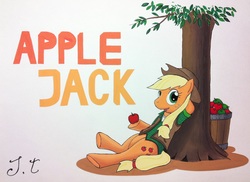 Size: 2428x1768 | Tagged: safe, artist:jet-ann, applejack, g4, clothes, female, relaxing, solo, traditional art, tree, underhoof