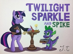 Size: 2512x1856 | Tagged: safe, artist:jet-ann, spike, twilight sparkle, pony, g4, bipedal, book, traditional art