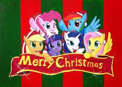 Size: 1024x733 | Tagged: safe, artist:jet-ann, applejack, fluttershy, pinkie pie, rainbow dash, rarity, twilight sparkle, g4, christmas tree, mane six, traditional art