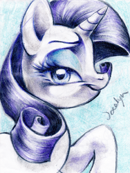 Size: 751x1000 | Tagged: safe, artist:carlotta-guidicelli, rarity, g4, bedroom eyes, female, looking at you, portrait, profile, raised hoof, smiling, solo, traditional art