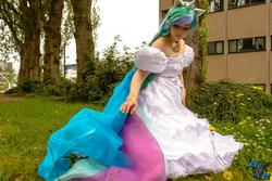 Size: 960x640 | Tagged: safe, artist:usagihimesama, princess celestia, human, g4, clothes, cosplay, grass, irl, irl human, off shoulder, photo, solo