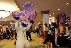 Size: 5184x3456 | Tagged: safe, artist:eillahwolf, clover the clever, fluttershy, king sombra, princess cadance, shining armor, human, g4, absurd resolution, awesome, brony, convention, cosplay, epic, epic wife tossing, everfree northwest, everfree northwest 2013, fastball special, fight, furry, fursuit, irl, irl human, photo, plushie