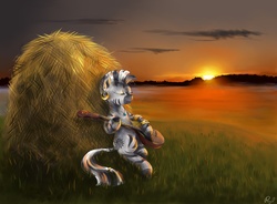 Size: 5790x4258 | Tagged: safe, artist:pponyoo, zecora, zebra, g4, absurd resolution, eyes closed, female, guitar, haystack, sitting, solo, sunset