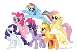 Size: 863x600 | Tagged: safe, artist:brenda hickey, applejack, fluttershy, pinkie pie, rainbow dash, rarity, twilight sparkle, pony, unicorn, g4, cute, mane six, simple background, unicorn twilight, white background